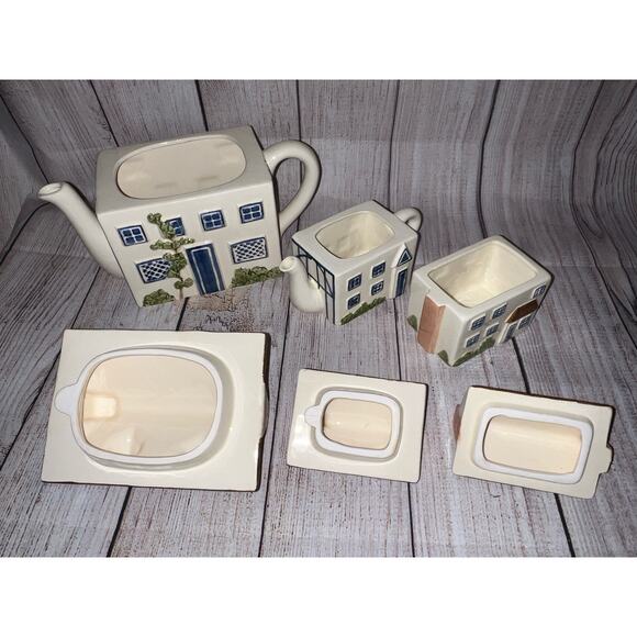 Haldon Group Blue Cream Ceramic Kitchen English Cottage Village Town Tea Set 3x - Picture 7 of 16